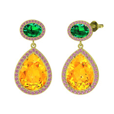 Sitrin, yeşil kuvars ve pembe kuvars 8 ayar altın küpe