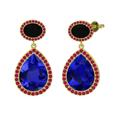 Lab safir, siyah zirkon ve rodolit garnet 14 ayar altın küpe