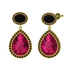 Rodolit garnet, siyah zirkon ve dumanlı kuvars 925 ayar altın kaplama gümüş küpe