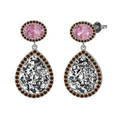 Beyaz zirkon, pembe kuvars ve dumanlı kuvars 8 ayar beyaz altın küpe