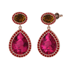 Rodolit garnet, dumanlı kuvars ve garnet 18 ayar rose altın küpe