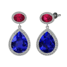 Lab safir, rodolit garnet ve beyaz zirkon 18 ayar beyaz altın küpe