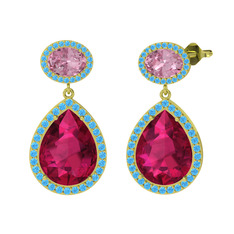 Rodolit garnet, pembe kuvars ve akuamarin 14 ayar altın küpe
