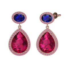 Rodolit garnet, lab safir ve pembe kuvars 8 ayar rose altın küpe