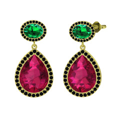 Lupine Küpe - Rodolit garnet, yeşil kuvars ve siyah zirkon 8 ayar altın küpe #kiw2w8