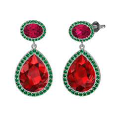 Garnet, rodolit garnet ve yeşil kuvars 8 ayar beyaz altın küpe