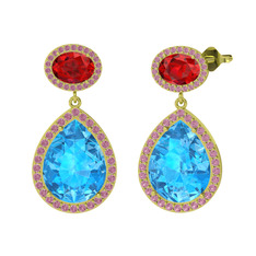 Akuamarin, garnet ve pembe kuvars 8 ayar altın küpe