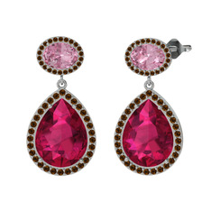 Rodolit garnet, pembe kuvars ve dumanlı kuvars 8 ayar beyaz altın küpe