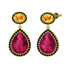 Rodolit garnet, sitrin ve siyah zirkon 18 ayar altın küpe