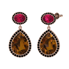 Dumanlı kuvars, rodolit garnet ve siyah zirkon 14 ayar rose altın küpe
