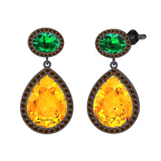 Lupine Küpe - Sitrin, yeşil kuvars ve dumanlı kuvars 925 ayar siyah rodyum kaplama gümüş küpe #m372tw