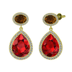 Lupine Küpe - Garnet, dumanlı kuvars ve beyaz zirkon 18 ayar altın küpe #m5zr5w