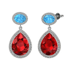 Garnet, akuamarin ve beyaz zirkon 925 ayar gümüş küpe