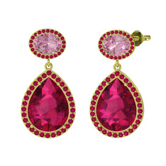 Rodolit garnet ve pembe kuvars 14 ayar altın küpe
