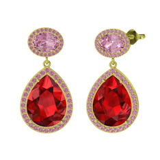 Garnet ve pembe kuvars 8 ayar altın küpe