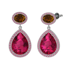 Rodolit garnet, dumanlı kuvars ve pembe kuvars 8 ayar beyaz altın küpe