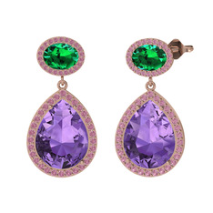 Ametist, yeşil kuvars ve pembe kuvars 14 ayar rose altın küpe