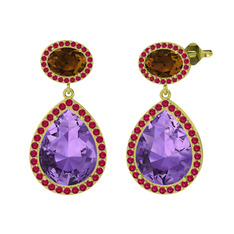 Ametist, dumanlı kuvars ve rodolit garnet 14 ayar altın küpe