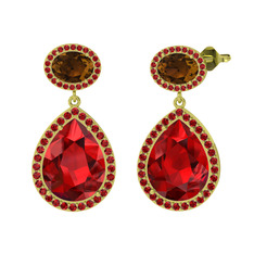 Garnet ve dumanlı kuvars 8 ayar altın küpe