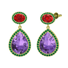 Lupine Küpe - Ametist, garnet ve yeşil kuvars 925 ayar altın kaplama gümüş küpe #p0rcu2