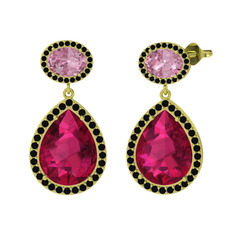 Rodolit garnet, pembe kuvars ve siyah zirkon 925 ayar altın kaplama gümüş küpe
