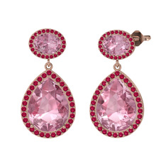 Pembe kuvars ve rodolit garnet 14 ayar rose altın küpe