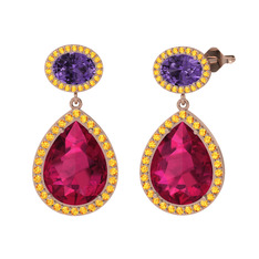 Lupine Küpe - Rodolit garnet, ametist ve sitrin 18 ayar rose altın küpe #r28do