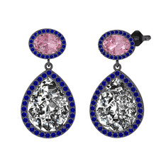 Lupine Küpe - Beyaz zirkon, pembe kuvars ve lab safir 925 ayar siyah rodyum kaplama gümüş küpe #r9q6b5