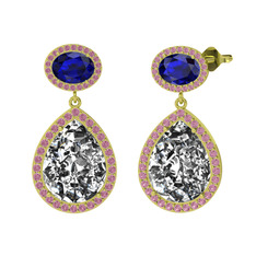 Beyaz zirkon, lab safir ve pembe kuvars 8 ayar altın küpe