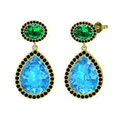 Lupine Küpe - Akuamarin, yeşil kuvars ve siyah zirkon 8 ayar altın küpe #rjjpr4