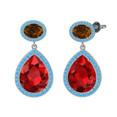 Garnet, dumanlı kuvars ve akuamarin 18 ayar beyaz altın küpe