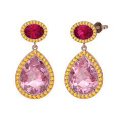 Pembe kuvars, rodolit garnet ve sitrin 925 ayar rose altın kaplama gümüş küpe