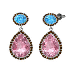 Pembe kuvars, akuamarin ve dumanlı kuvars 8 ayar beyaz altın küpe