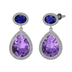 Ametist, lab safir ve beyaz zirkon 14 ayar beyaz altın küpe