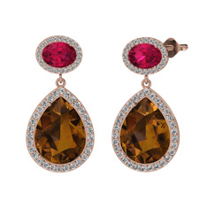 Dumanlı kuvars, rodolit garnet ve beyaz zirkon 14 ayar rose altın küpe