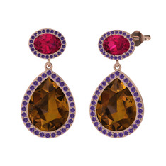 Lupine Küpe - Dumanlı kuvars, rodolit garnet ve ametist 8 ayar rose altın küpe #uexitm