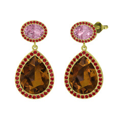 Lupine Küpe - Dumanlı kuvars, pembe kuvars ve garnet 8 ayar altın küpe #ur3hyn