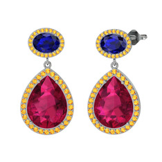 Rodolit garnet, lab safir ve sitrin 18 ayar beyaz altın küpe
