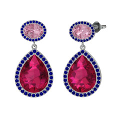 Rodolit garnet, pembe kuvars ve lab safir 14 ayar beyaz altın küpe