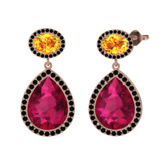 Lupine Küpe - Rodolit garnet, sitrin ve siyah zirkon 14 ayar rose altın küpe #wiibq1