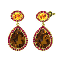 Dumanlı kuvars, sitrin ve rodolit garnet 14 ayar altın küpe