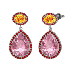 Pembe kuvars, sitrin ve garnet 8 ayar beyaz altın küpe
