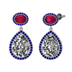 Beyaz zirkon, rodolit garnet ve lab safir 14 ayar beyaz altın küpe