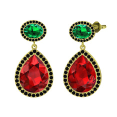 Lupine Küpe - Garnet, yeşil kuvars ve siyah zirkon 8 ayar altın küpe #y6r16e