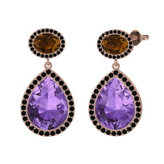 Lupine Küpe - Ametist, dumanlı kuvars ve siyah zirkon 925 ayar rose altın kaplama gümüş küpe #y7egwr