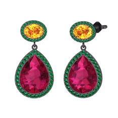 Lupine Küpe - Rodolit garnet, sitrin ve yeşil kuvars 925 ayar siyah rodyum kaplama gümüş küpe #zf3jho