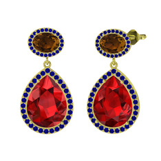 Garnet, dumanlı kuvars ve lab safir 8 ayar altın küpe