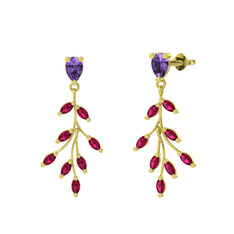 Ametist ve rodolit garnet 18 ayar altın küpe