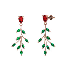 Dentale Yaprak Küpe - Garnet ve yeşil kuvars 8 ayar rose altın küpe #118gxsu