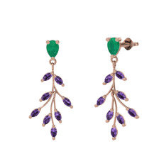 Dentale Yaprak Küpe - Kök zümrüt ve ametist 925 ayar rose altın kaplama gümüş küpe #11mz1rl